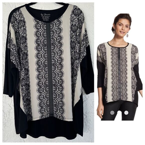 CHICOS Lace Print Blouse Womens Size Large Stretch Jersey Knit Dolman Sleeve - Picture 1 of 7